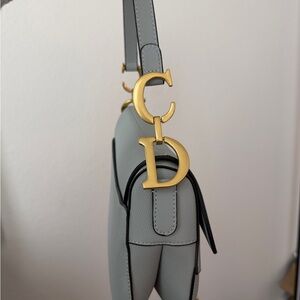 Gray Saddle Shoulder Bag with Gold Hardware